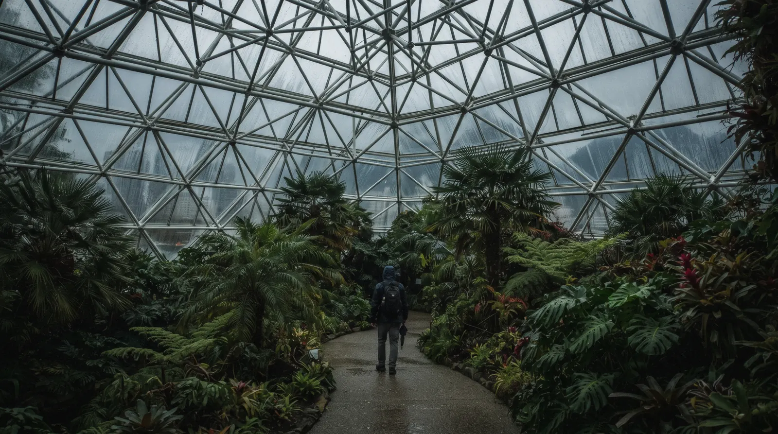 The triodetic glass dome of Bloedel Conservatory on the summit of Queen Elizabeth Park, Vancouver, with the plaza and city skyline behind it