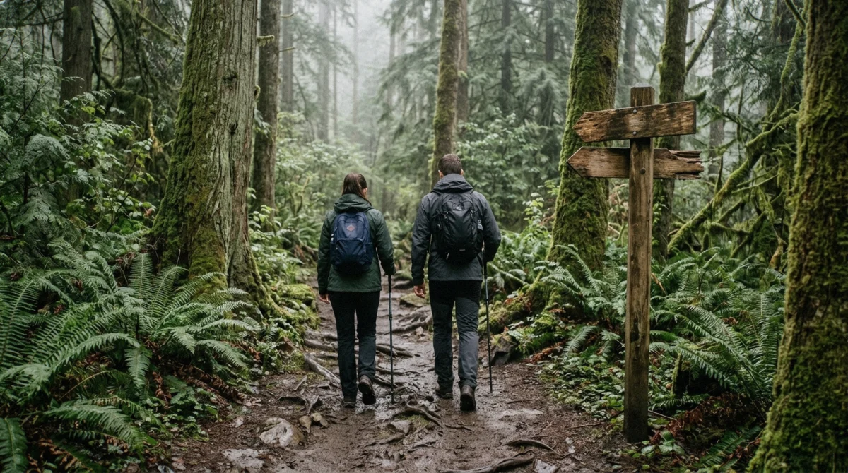 Wet rainforest trail entrance on the North Shore with a two-way signpost, the choice between Capilano and Lynn Canyon suspension bridges in North Vancouver