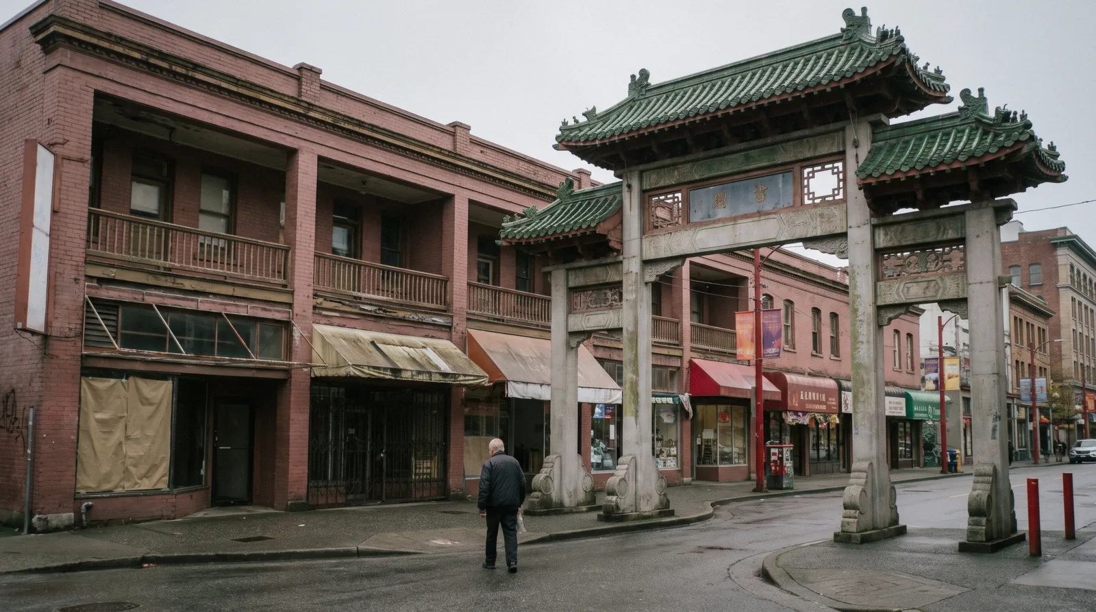 Millennium Gate over Pender Street in Vancouver's Chinatown on a grey afternoon, Vancouver Canada