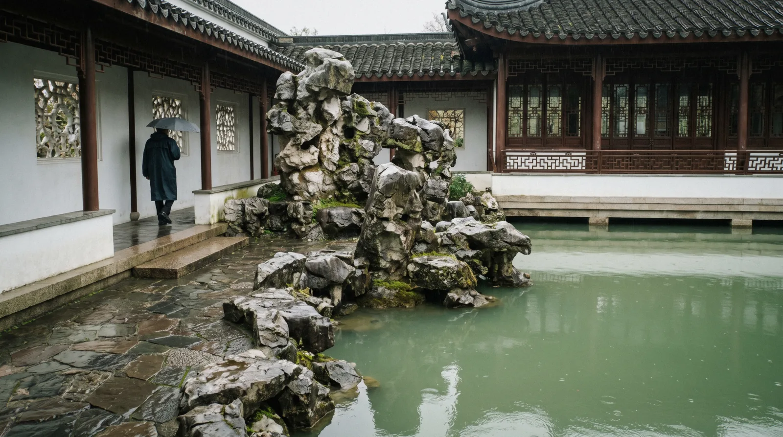 Jade-green pond water, limestone rockery and a lattice-windowed covered walkway at the Dr. Sun Yat-Sen Classical Chinese Garden in Vancouver's Chinatown