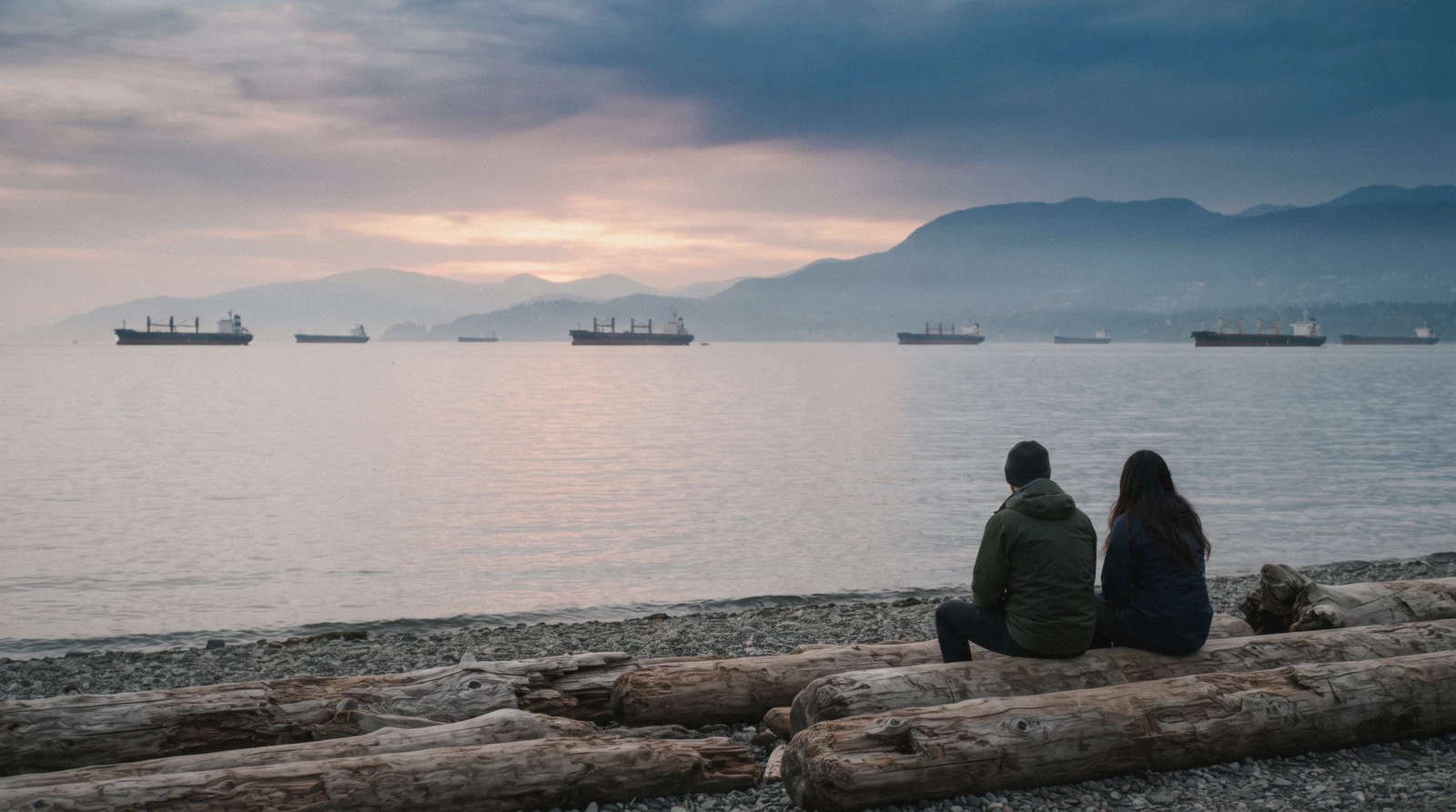 Swimmers and freighters at anchor seen from the sand at English Bay Beach Vancouver in low evening light
