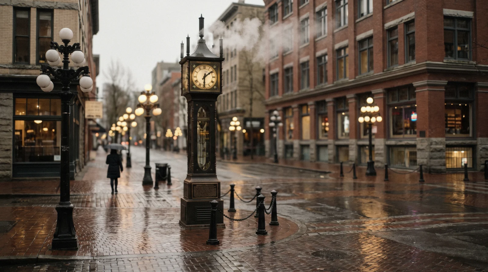 Cast-iron steam clock on wet cobbles in Vancouver's Gastown at first light, Vancouver Canada