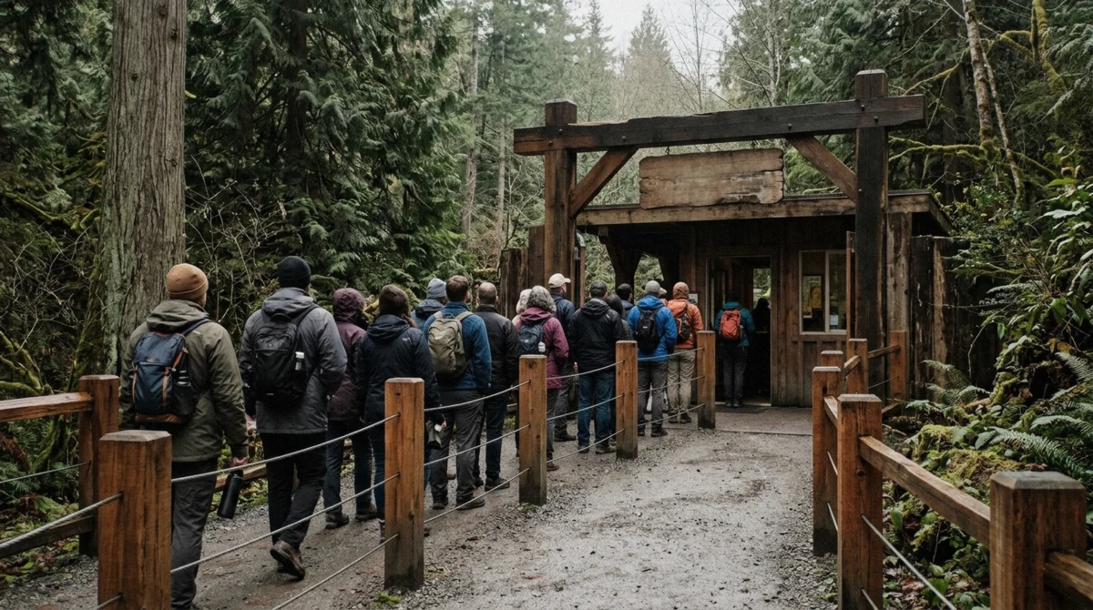 Visitors queuing at the timber entrance gate of the rainforest canyon park in North Vancouver on a busy afternoon, the crowds that decide whether Capilano Suspension Bridge is worth it