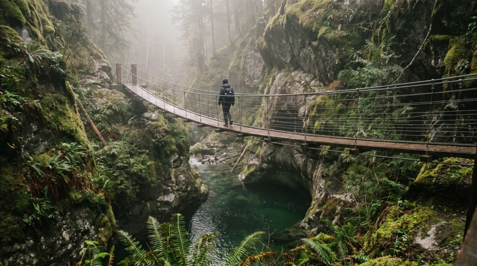 The Lynn Canyon suspension bridge strung between two rock walls above the green pools of Lynn Creek, Lynn Canyon Park in North Vancouver