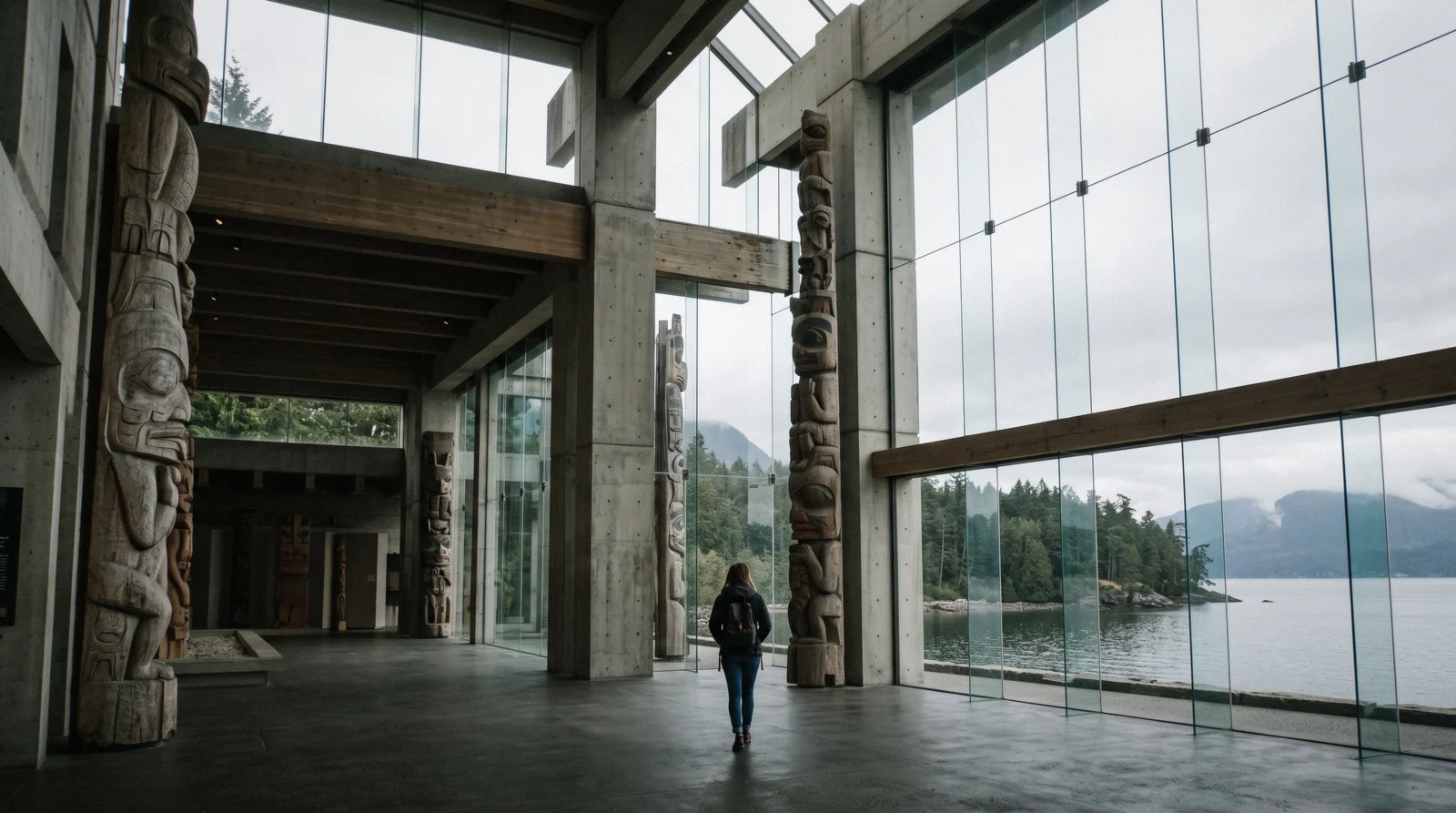 Carved cedar house posts under the full-height glazing of the Great Hall at the Museum of Anthropology at UBC in Vancouver