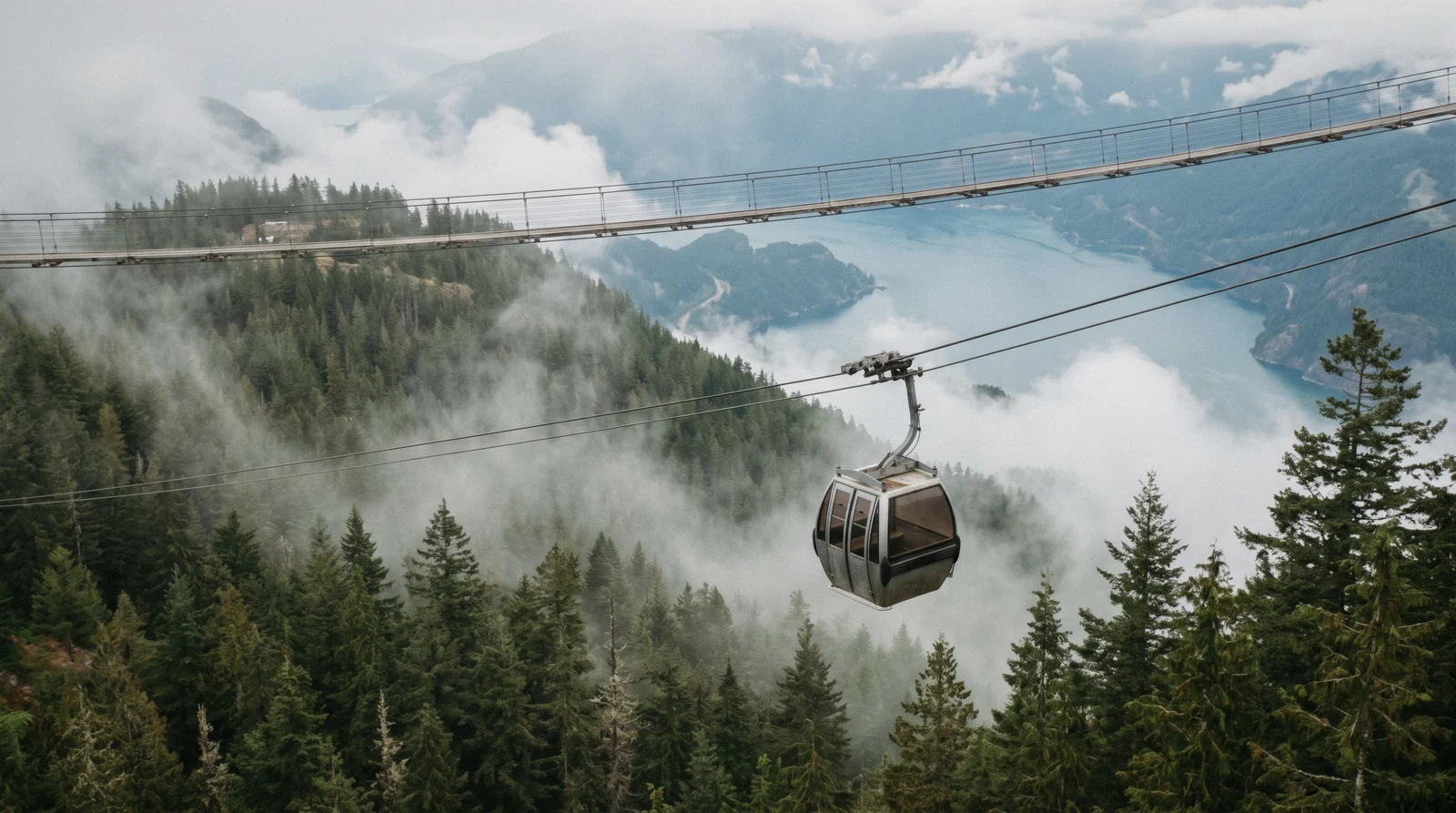 Gondola cabin climbing above Howe Sound towards the summit lodge, Sea to Sky Gondola in Squamish, British Columbia