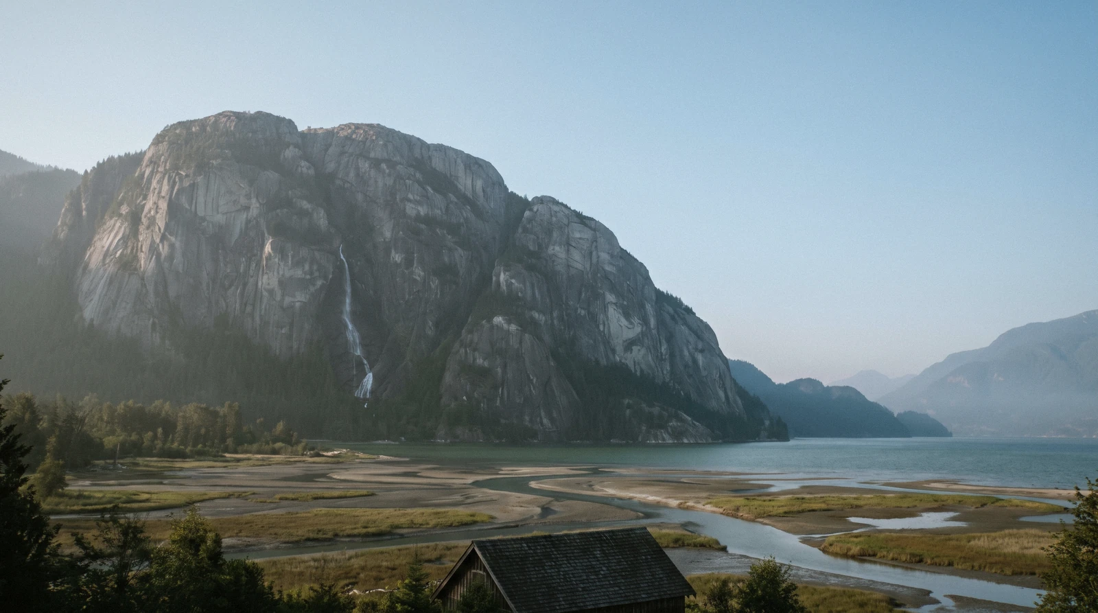 The granite face of the Stawamus Chief above the town and the inlet at Squamish, British Columbia