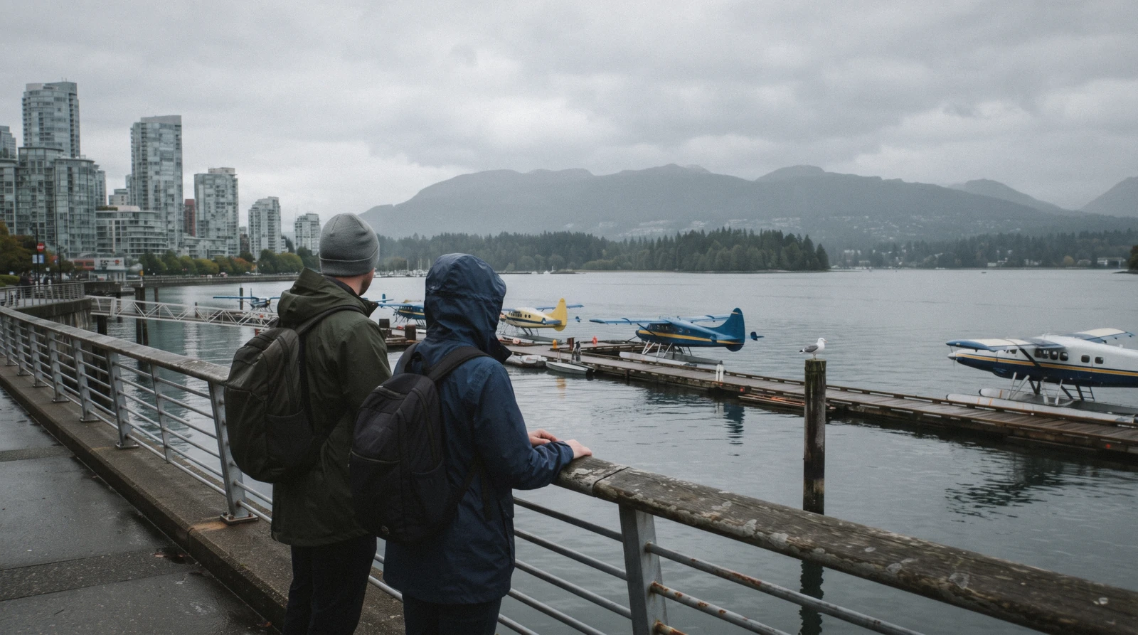 The Coal Harbour seawall with float planes at the dock and the North Shore mountains across the water, the geography behind this Vancouver map