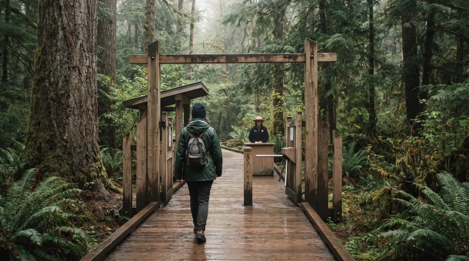 A visitor at a rainforest park entrance gate on the North Shore, where Vancouver attraction tickets are checked before the boardwalk