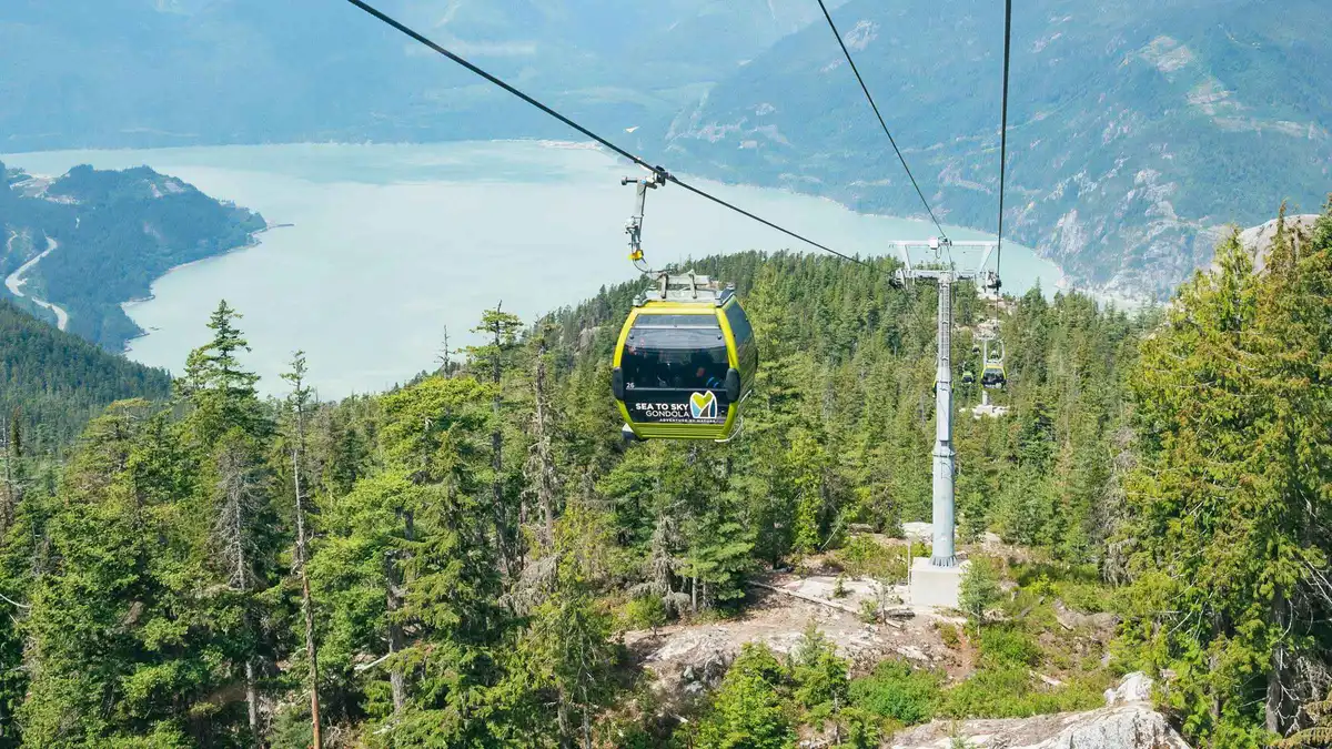 Sea to Sky Gondola cabin above Howe Sound on a Whistler and Shannon Falls day trip from Vancouver