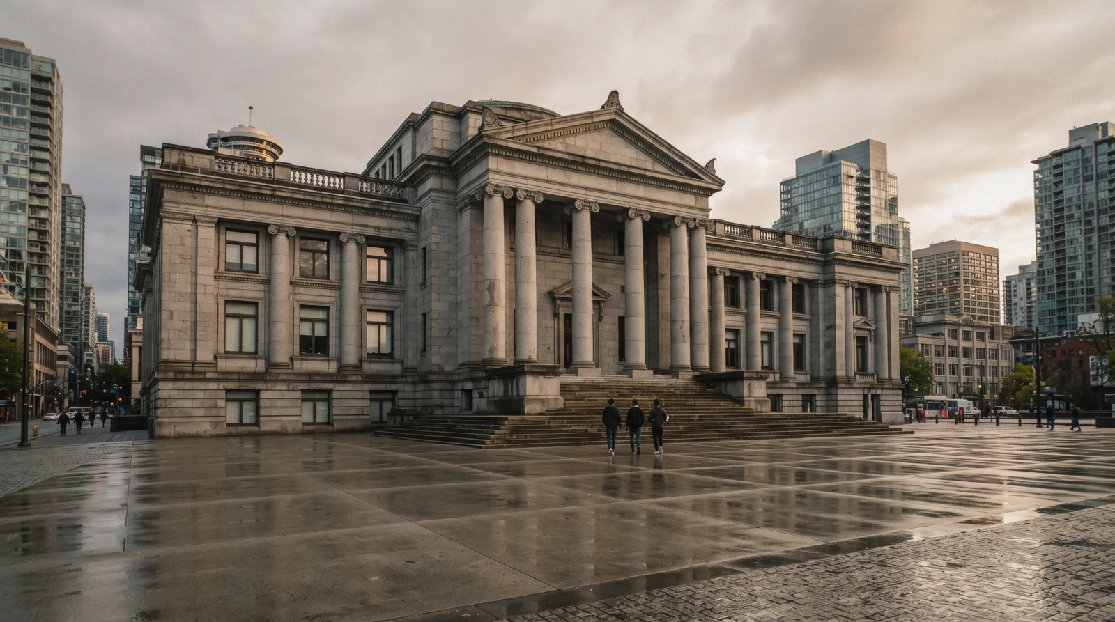The colonnaded 1911 courthouse facade and wet plaza steps of the Vancouver Art Gallery on Robson Street in downtown Vancouver