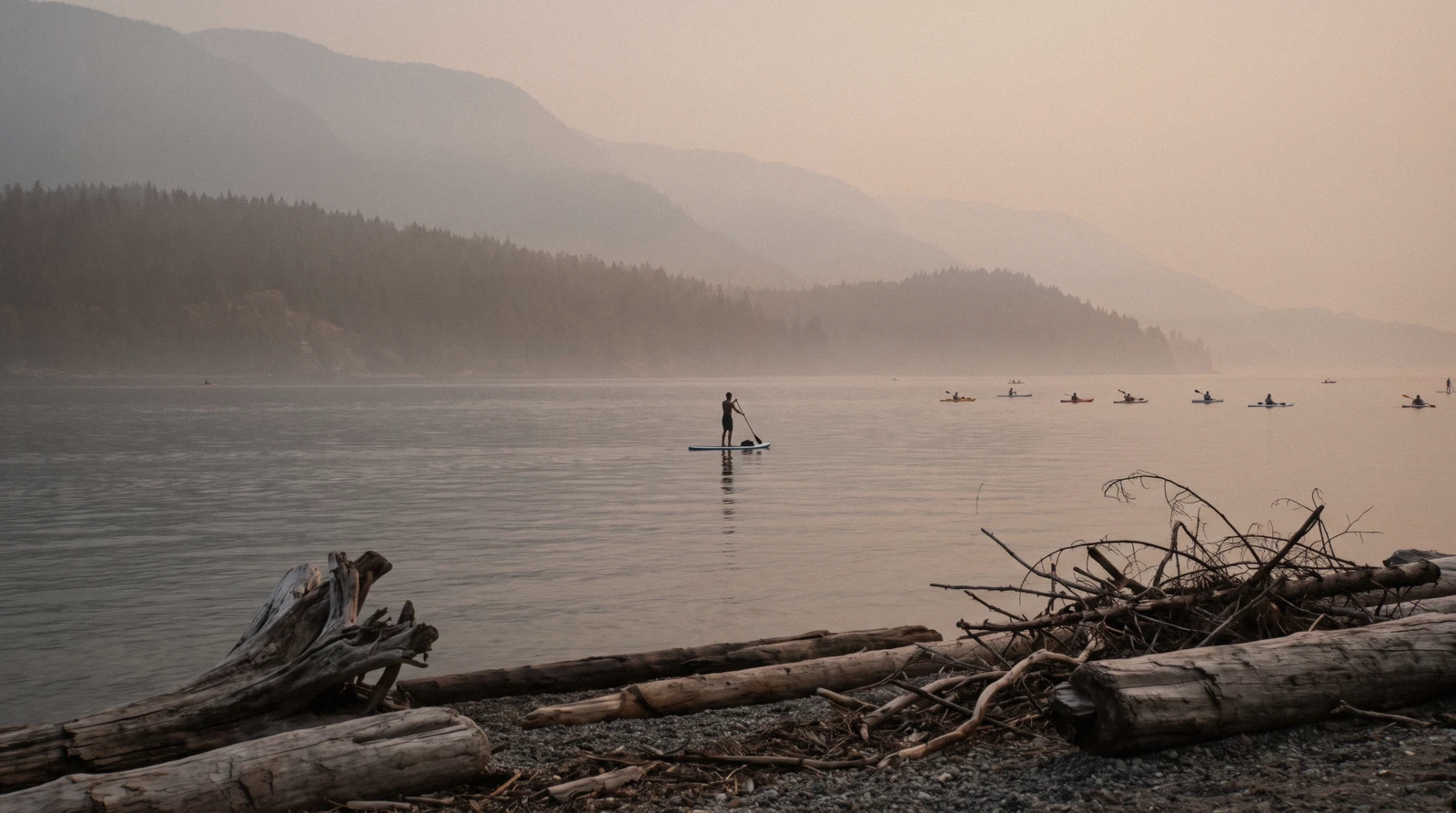 Low evening light across a sand beach with driftwood, swimmers in the water and mountains behind the inlet, a Vancouver in summer scene in British Columbia