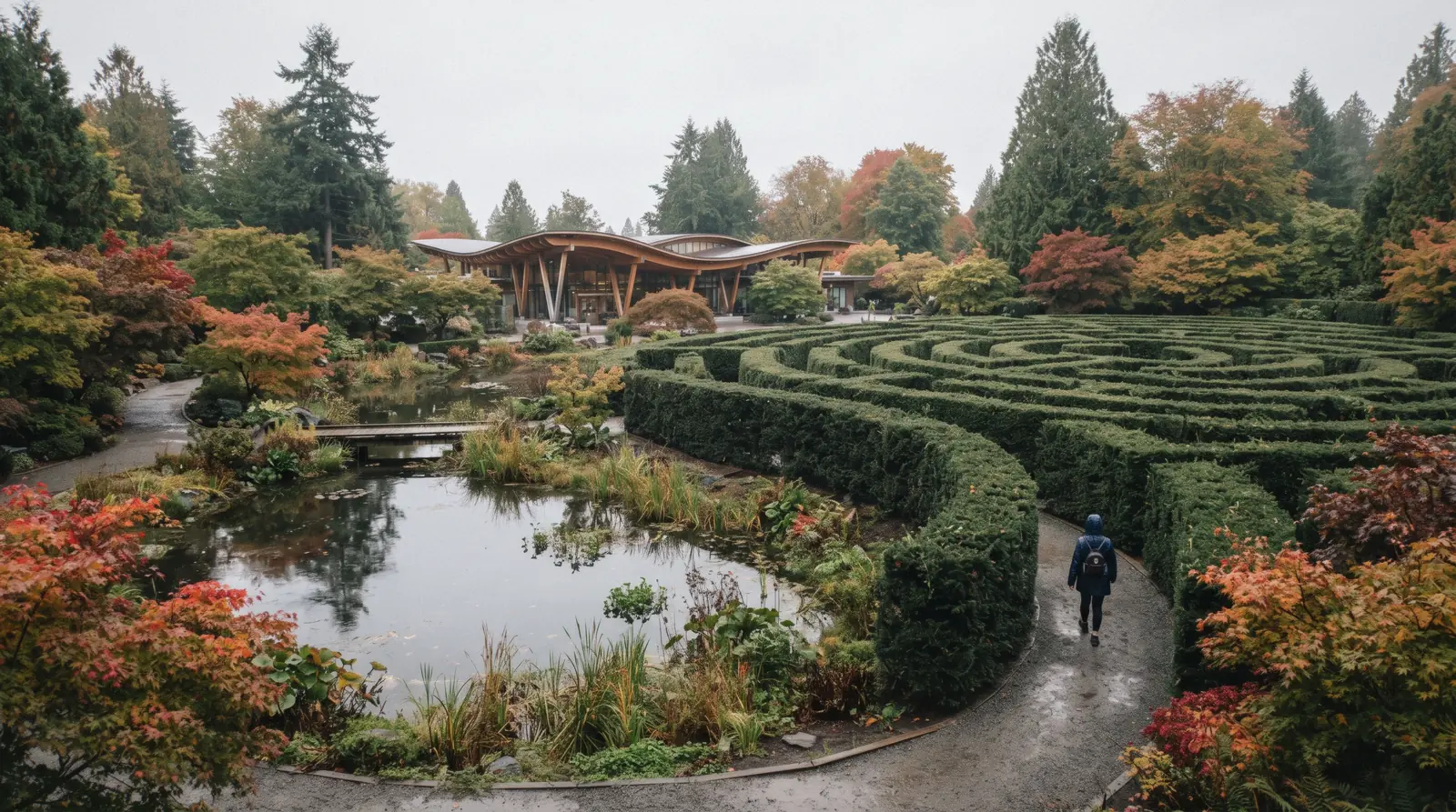 The Elizabethan hedge maze and the lake beyond it at VanDusen Botanical Garden, Vancouver, with mature conifers on the far bank