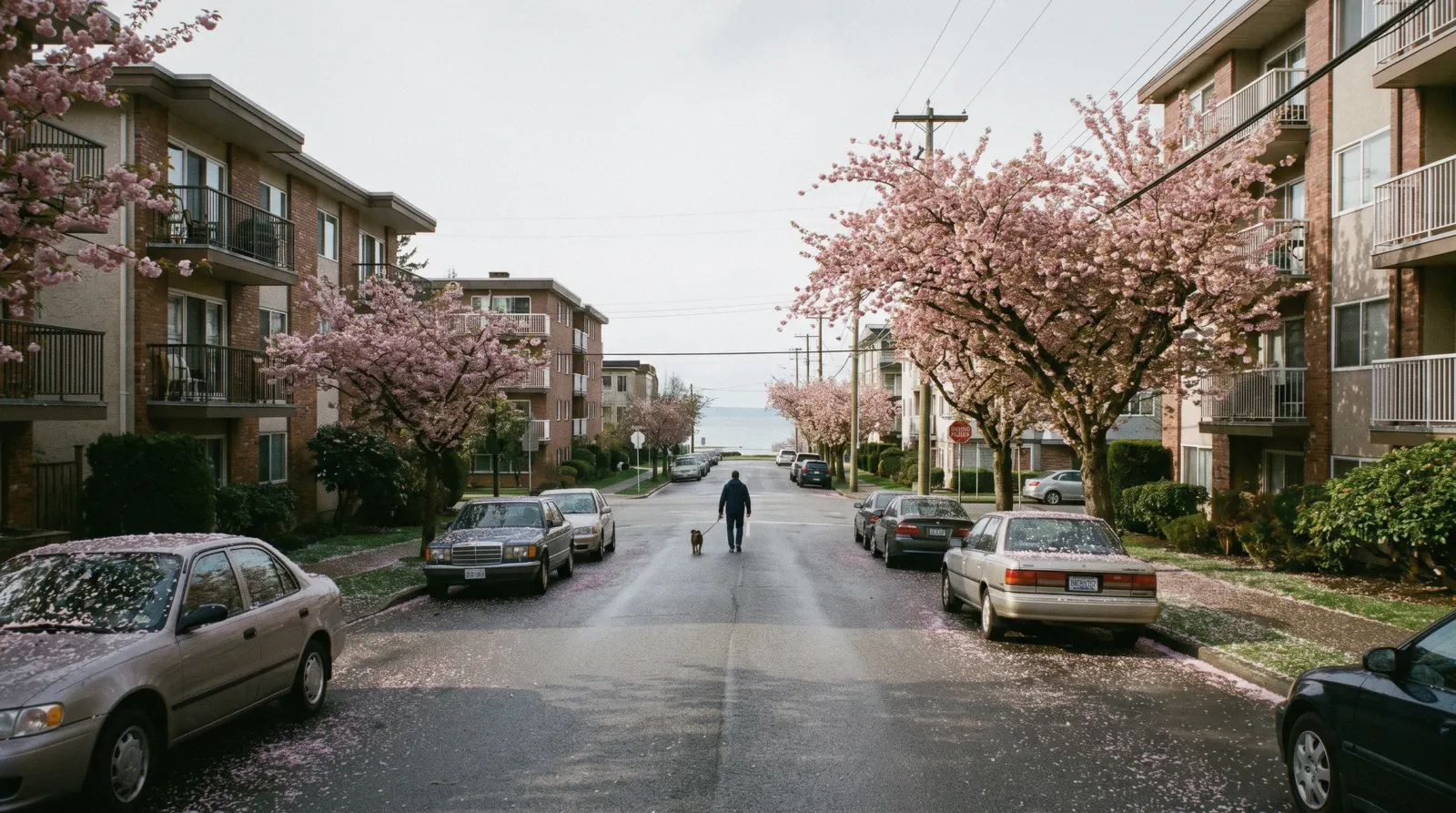 Apartment towers above tree-lined side streets running down to the water at English Bay in the West End of Vancouver