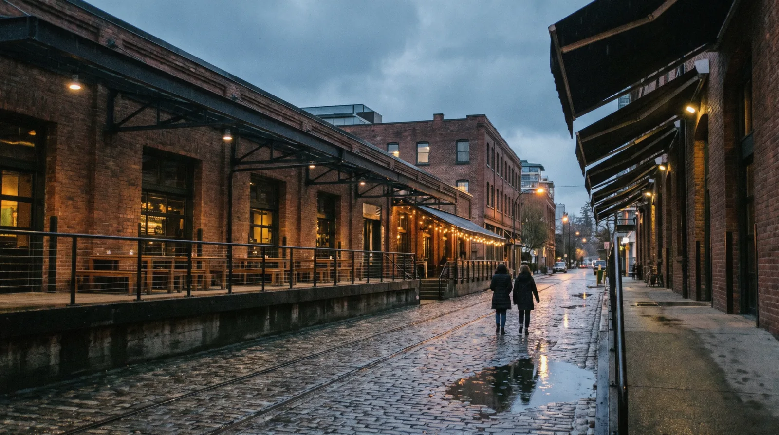 Brick warehouse loading docks converted into restaurant terraces on Hamilton Street in Yaletown, Vancouver, with the False Creek towers behind